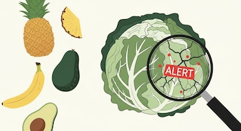 Una ilustración muestra una lechuga iceberg bajo una lupa con puntos rojos y la palabra "ALERTA", junto a una piña, una rodaja de piña, un plátano y aguacates.