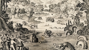 Un grabado detalla un río con barcas, personas, animales salvajes, árboles y montañas, y grandes criaturas marinas con colas y cabezas escamosas.