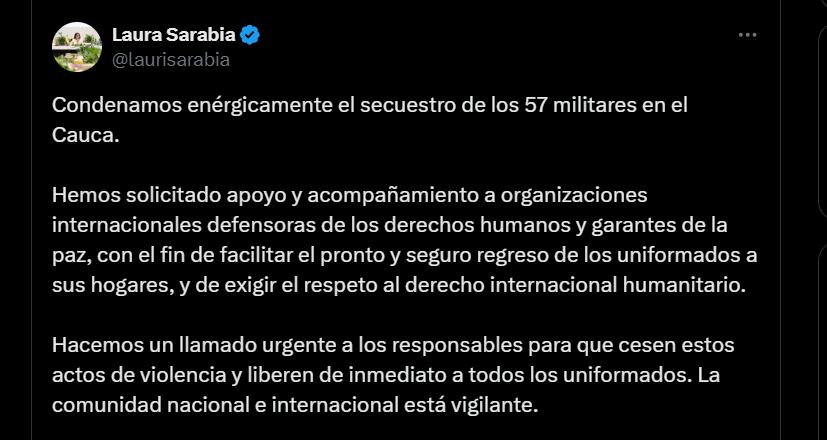 Publicación de Laura Sarabia pidiendo ayuda internacional para la liberación de 57 militares retenidos - crédito @laurisarabia/X