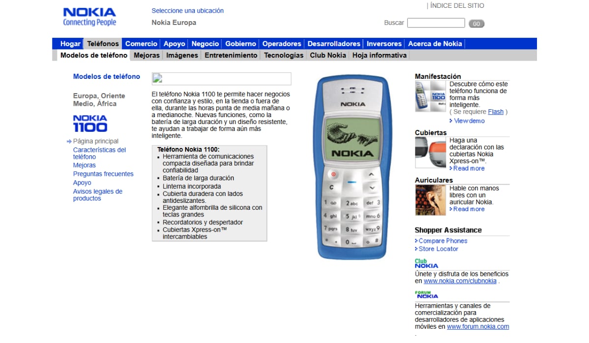 Así lucía el sitio web de Nokia en el que exponían las principales características del 1100. (Nokia)