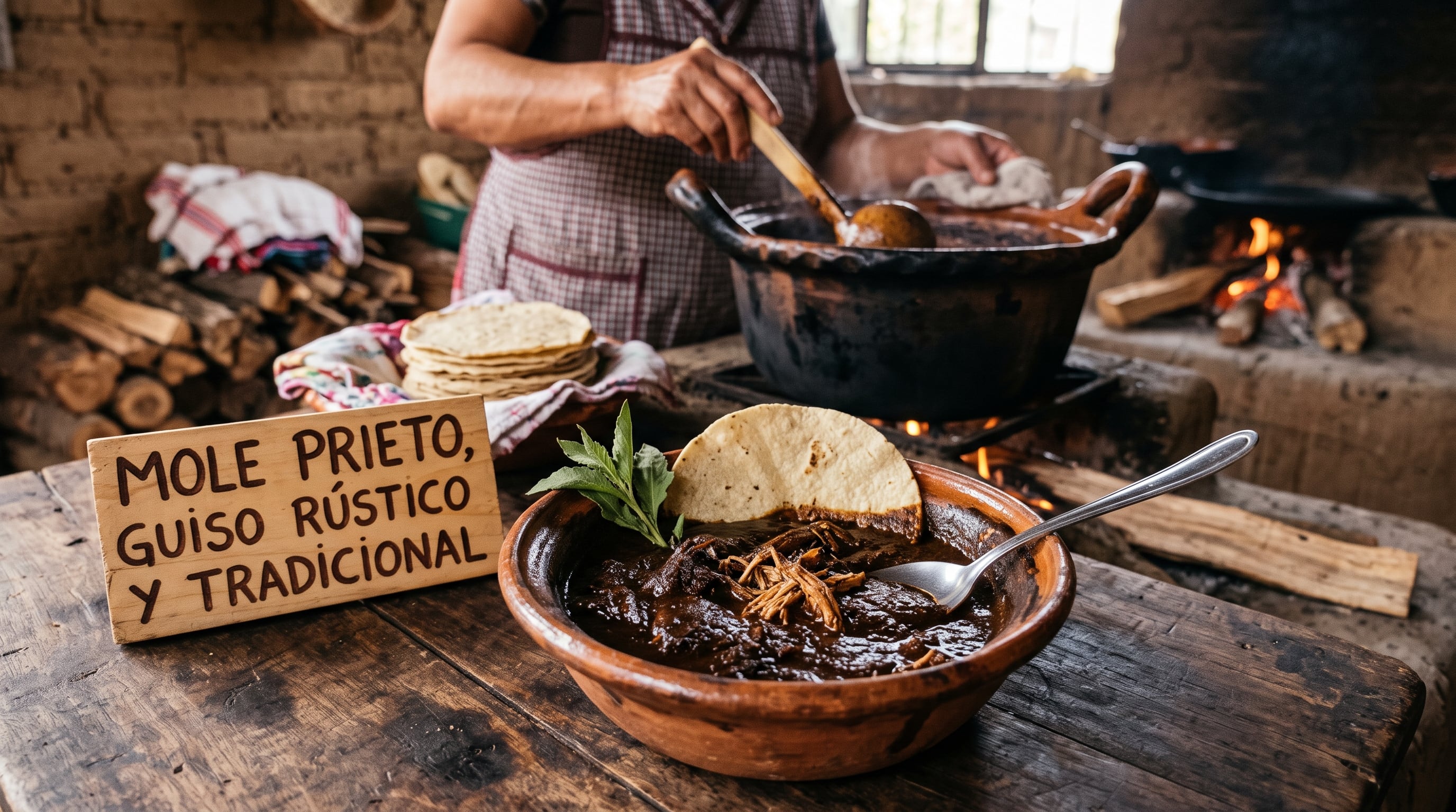 Una cocinera elabora mole prieto en un fogón de leña junto a un plato servido con tortillas en una cocina rústica. (Imagen Ilustrativa Infobae)