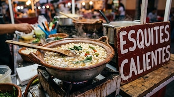 Cazuela de barro con caldo y maíz junto a una cuchara de madera y un cartel de madera que dice Esquites calientes.