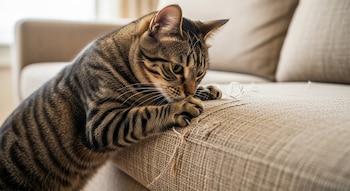 Primer plano de un gato atigrado de color marrón y negro rascando vigorosamente un sofá de tela beige, con garras extendidas y tela deshilachada visible.