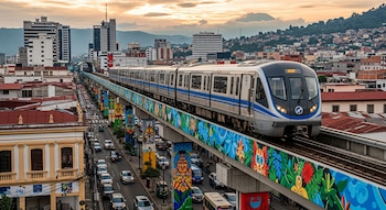 Tren plateado y azul en un viaducto elevado con murales coloridos sobre una calle con vehículos, edificios y montañas bajo un cielo nublado.