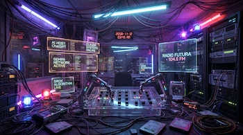 Interior de una estación de radio futurista con pantallas holográficas, brazos robóticos manipulando una consola y cables desordenados bajo luces de neón.