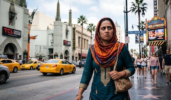 Una mujer sij con pañuelo naranja y traje verde camina por Hollywood Boulevard. Se ven taxis amarillos, el Teatro Chino y palmeras bajo un cielo nublado