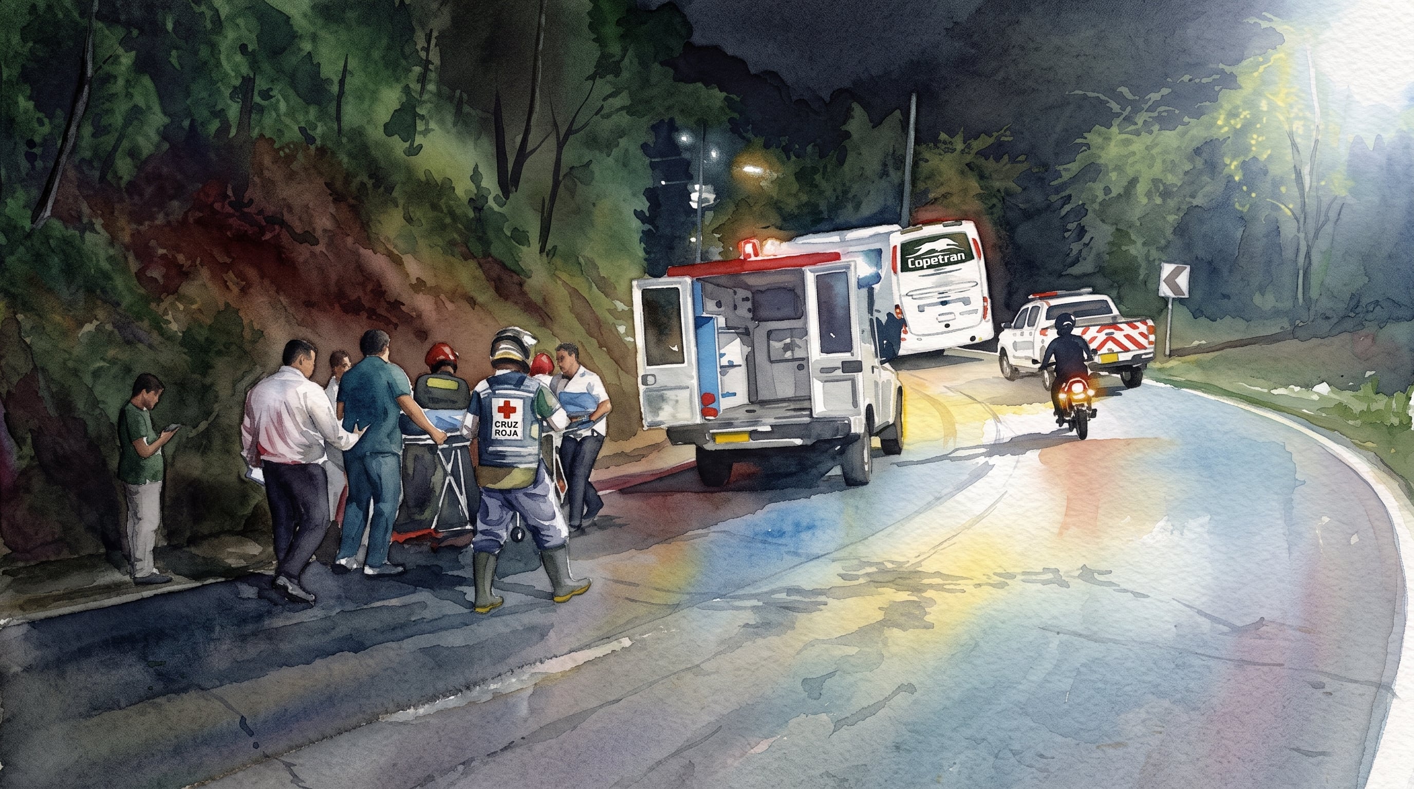 Socorristas de la Cruz Roja trasladan a una persona en camilla hacia una ambulancia en una carretera nocturna con tráfico detenido. (Imagen Ilustrativa Infobae)