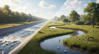 Una imagen dividida horizontalmente muestra un canal recto de hormigón con agua turbulenta a la izquierda y un río sinuoso con praderas y aves a la derecha.