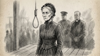 Ilustración a lápiz de Amelia Dyer, mujer de 59 años, vestida con ropa victoriana oscura, de pie en un cadalso con una soga. Un guardia, un capellán y público difuso al fondo.
