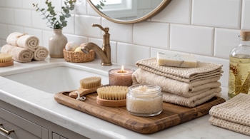 Bandeja de madera con cepillos y exfoliante, toallas apiladas, jabón, una vela encendida y un grifo sobre una mesada con azulejos blancos.