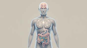 Un cuerpo humano adulto translúcido muestra el cerebro y el intestino conectados por una red luminosa, con diversos microorganismos en la microbiota intestinal.