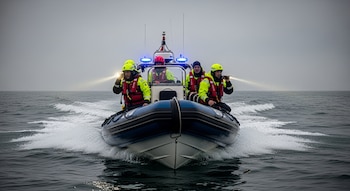 Una lancha rápida azul y blanca surca el mar, llevando a cuatro miembros de equipos de rescate con chalecos amarillos y cascos. Las luces de emergencia azules y focos están encendidos.