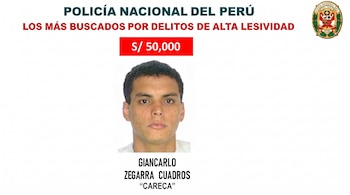 Afiche de la Policía Nacional del Perú con el rostro de Giancarlo Zegarra Cuadros 'Careca', recompensa de 50.000 soles por su captura