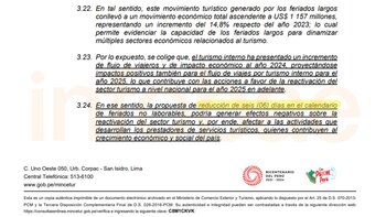 Captura de informe del Mincetur al Congreso en contra de eliminar feriados