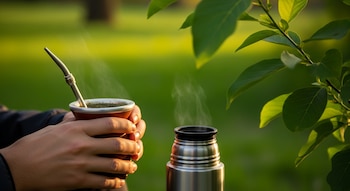 Primer plano de manos sosteniendo un mate humeante con bombilla. A su lado, un termo de acero inoxidable emite vapor, con fondo verde de hojas desenfocadas.