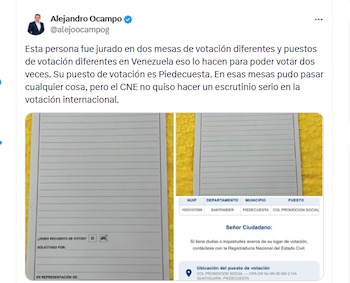 El congresista Alejandro Ocampo expuso documentos que muestran que una persona fue jurado en dos mesas de votación diferentes - crédito @alejoocampog/X