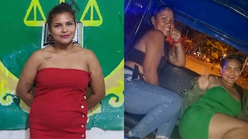 Montaje fotográfico de dos mujeres. A la izquierda, una mujer con cabello oscuro, vestido rojo y tatuajes. A la derecha, dos mujeres sonriendo en un vehículo de noche