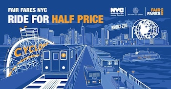 Gráfico azul y blanco de Fair Fares NYC mostrando metro, autobús, ferry, rascacielos de Nueva York, Cyclone de Coney Island y Unisphere
