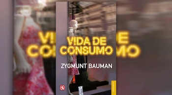 Portada del libro 'Vida de Consumo' de Zygmunt Bauman. Título en letras amarillas luminosas. Fondo con escaparates borrosos, maniquíes y reflejos. Logo 'sf', etiqueta 'Sociología'.