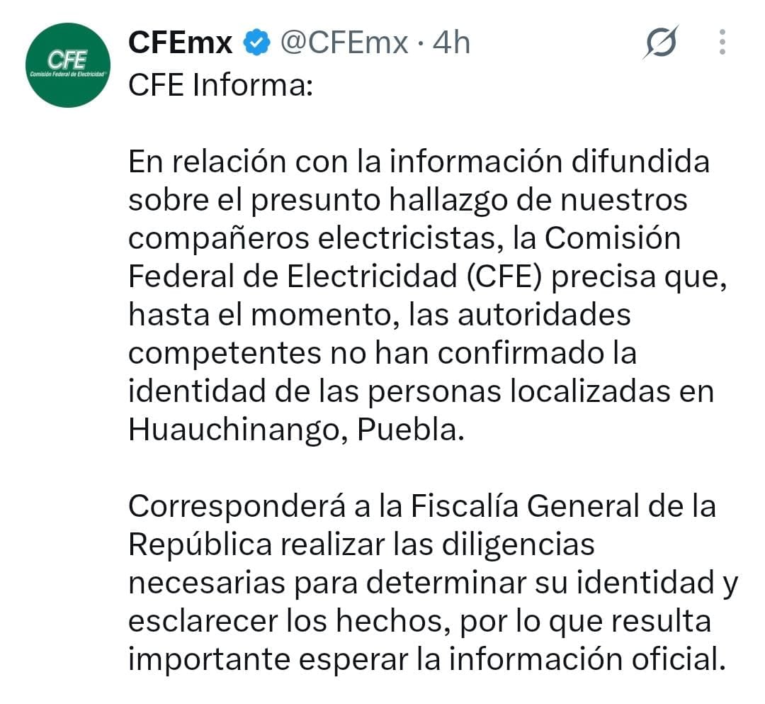 Un comunicado de la Comisión Federal de Electricidad señala que las autoridades no han confirmado la identidad de las personas localizadas en Huauchinango, Puebla. (CFE)