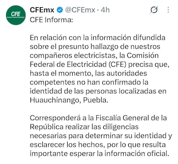 Captura de pantalla de una publicación en la red social X de la cuenta de la Comisión Federal de Electricidad con un mensaje de texto