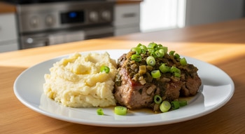 Plato blanco con bondiola al verdeo con cebolla de verdeo picada y puré de papas. Se encuentra sobre una mesada de madera clara en una cocina iluminada.