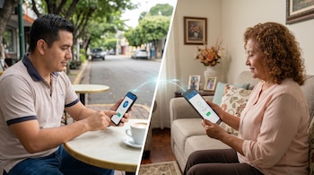 Un hombre en una cafetería usa su smartphone y una mujer en casa mira su tableta, con ondas digitales azules conectando los dispositivos para mostrar una transferencia.