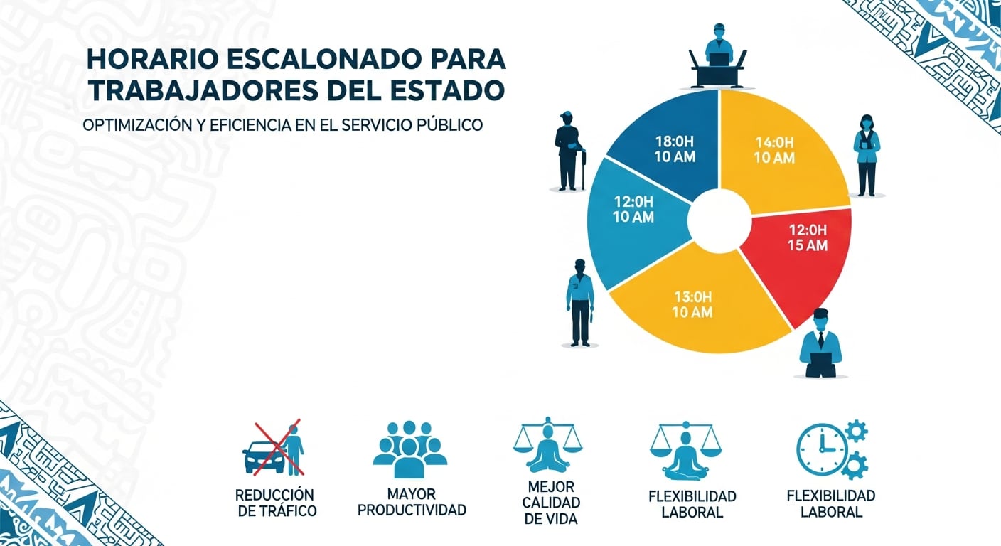 Una infografía detalla la implementación de horarios escalonados para trabajadores del Estado en Guatemala con el fin de optimizar el servicio público. (Imagen Ilustrativa Infobae)