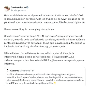 Con este mensaje, el presidente Gustavo Petro arremetió contra Álvaro y Santiago Uribe Vélez y revivió el tema de los Doce Apóstoles - crédito @petrogustavo/X