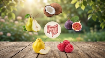 Un diagrama del intestino humano está rodeado por peras, coco, higos, membrillo y frambuesas frescas sobre una mesa de madera, con un fondo de jardín.