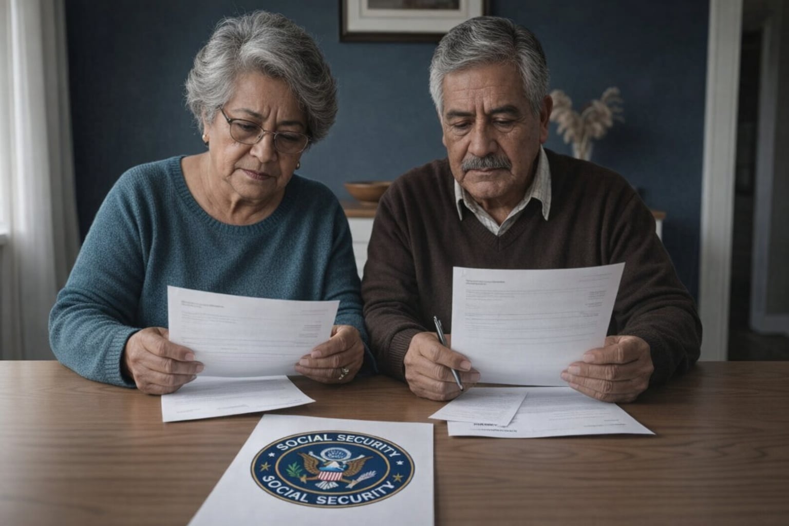 Una pareja de adultos mayores de fenotipo mexicano examina documentos de Seguridad Social con concentración en su hogar, mientras el logo de la institución reposa en la mesa. (Imagen Ilustrativa Infobae)