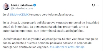 El director del Metro, Adrián Rubalcava, aseguró que en el STC hay cero tolerancia al acoso. (Crédito: X | @AdrianRubalcava)