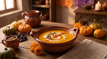 Tazón de barro con sopa naranja decorada con crema y semillas, rodeado de calabazas pequeñas, chiles secos y flores sobre una mesa de madera.