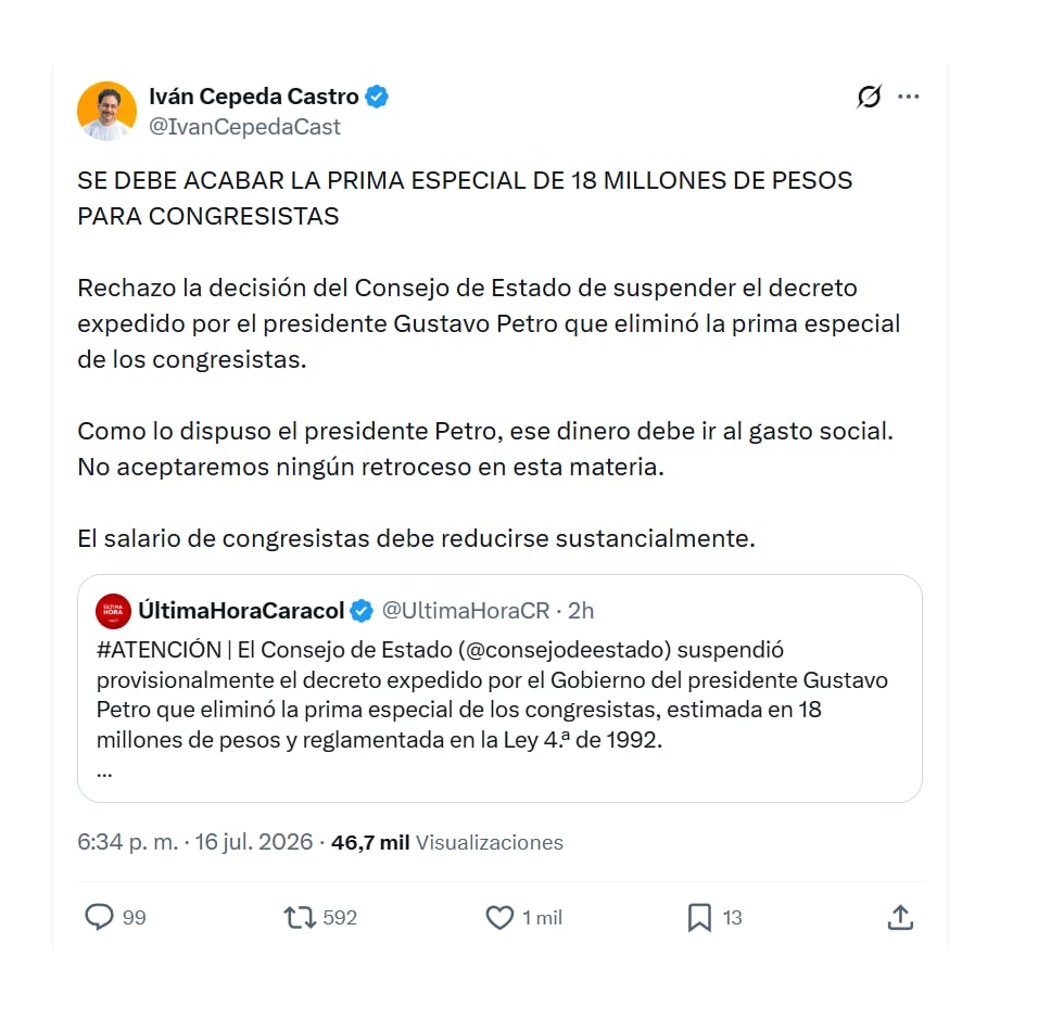 El senador Iván Cepeda, excandidato presidencial, expresó su rechazo a la decisión del Consejo de Estado, de suspender de manera cautelar la reducción del salario de congresistas - crédito @IvanCepedaCast/X