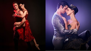 Dos escenas de danza. A la izquierda, un hombre y una mujer bailando. A la derecha, un hombre y una mujer en vestuario de ballet posando
