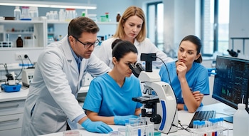 Tres profesionales médicos, dos mujeres y un hombre, en un laboratorio. Una mujer mira por un microscopio mientras los otros dos observan atentamente.