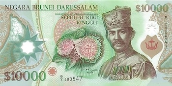 Billete de 10.000 dólares de Brunéi de color verde, con el retrato de un hombre con tocado y uniforme, flores rosadas y el escudo nacional