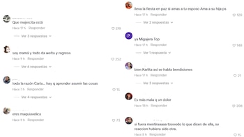 Captura de pantalla de comentarios de usuarios en una red social, que incluye texto, perfiles, conteos de reacciones y botones de respuesta