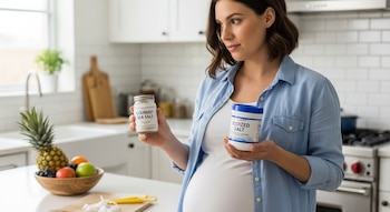 Una mujer embarazada de pie en una cocina moderna, sosteniendo un frasco de sal marina gourmet y un bote de sal yodada.