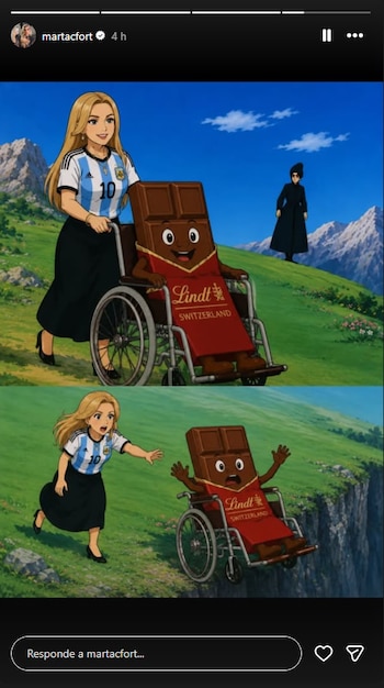 La publicación de Marta Fort en Instagram se viralizó con una animación que mezcló a Heidi, la camiseta argentina y una tableta de chocolate suizo