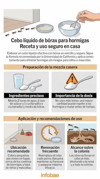 Infografía con ilustraciones que muestran cómo preparar y usar un cebo líquido de bórax para hormigas, incluyendo ingredientes, dosis y colocación segura.