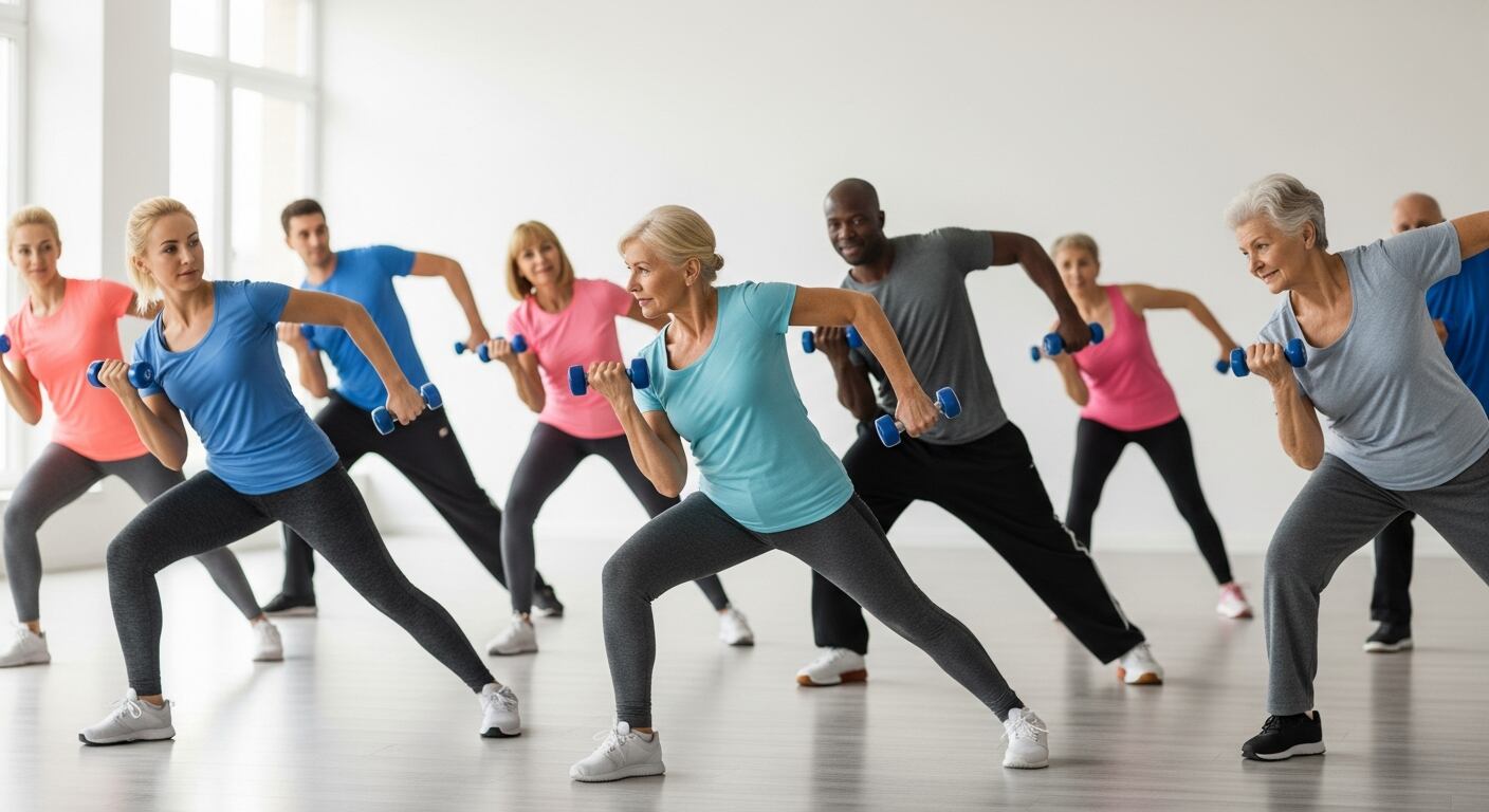 Un grupo diverso de personas realiza una rutina de ejercicios con pesas ligeras. (Imagen Ilustrativa Infobae)