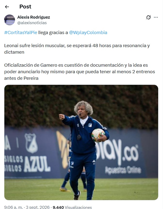 Post de Alexis Rodríguez sobre la situación contractual entre Millonarios y Alberto Gamero - crédito X
