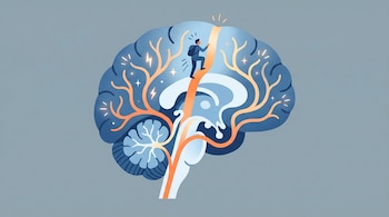 Ilustración de un cerebro en corte con vías sinuosas azules y naranjas. Una pequeña figura humana escala una ruta naranja que se ilumina en la cima.