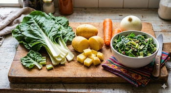 La receta utiliza ingredientes básicos como acelga, papa, zanahoria, cebolla y ajo, disponibles durante todo el año - crédito Visuales IA Infobae - Gemini