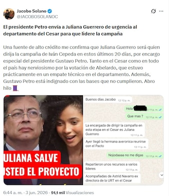 Jacobo Solano Cerchiaro compartió los detalles que le informó su fuente la mañana del miércoles 3 de junio de 2026 vía X - crédito @JACOBOSOLANOC/X