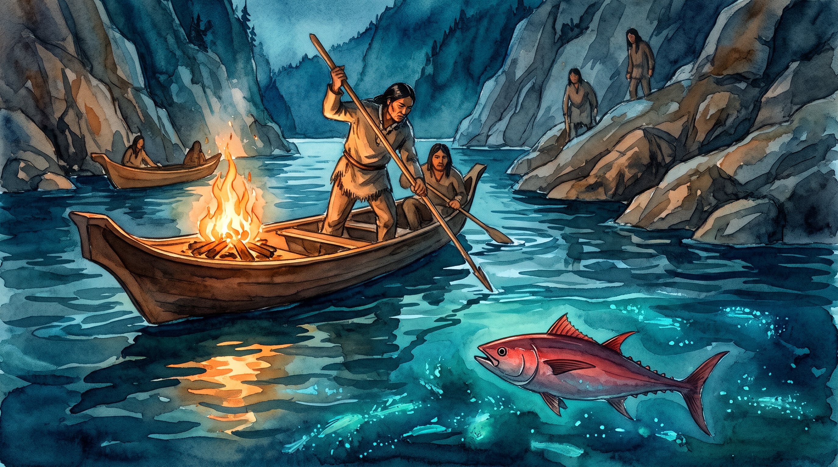 El pueblo Nuu-chah-nulth capturó atún rojo en los fiordos durante milenios con arpones y señales de fuego nocturnas (Imagen Ilustrativa Infobae)