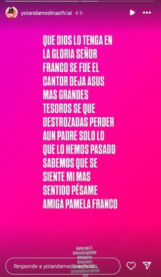 Yolanda Medina le envía sus condolencias a Pamela Franco.