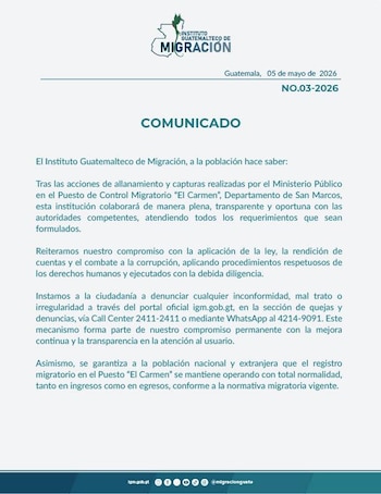 El Instituto Guatemalteco de Migración afirmó su compromiso contra la corrupción e instó a la ciudadanía a reportar irregularidades a través de canales oficiales. (Cortesía: Instituto Guatemalteco de Migración)