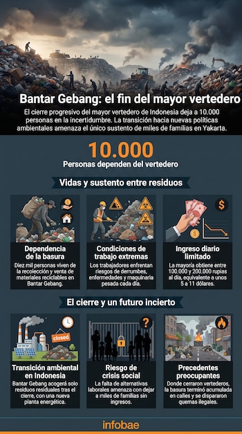 Infografía muestra un vertedero con trabajadores, maquinaria, humo y texto sobre el cierre de Bantar Gebang, dependencia, riesgos e ingresos.